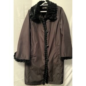 Novelti Black Faux Fur Trim Hooded Long Parka Mob Wife Coat Size Medium